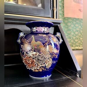Vintage Japanese Porcelain Royal Blue Peacock Gold Gilt Handmade Vase 8.5”